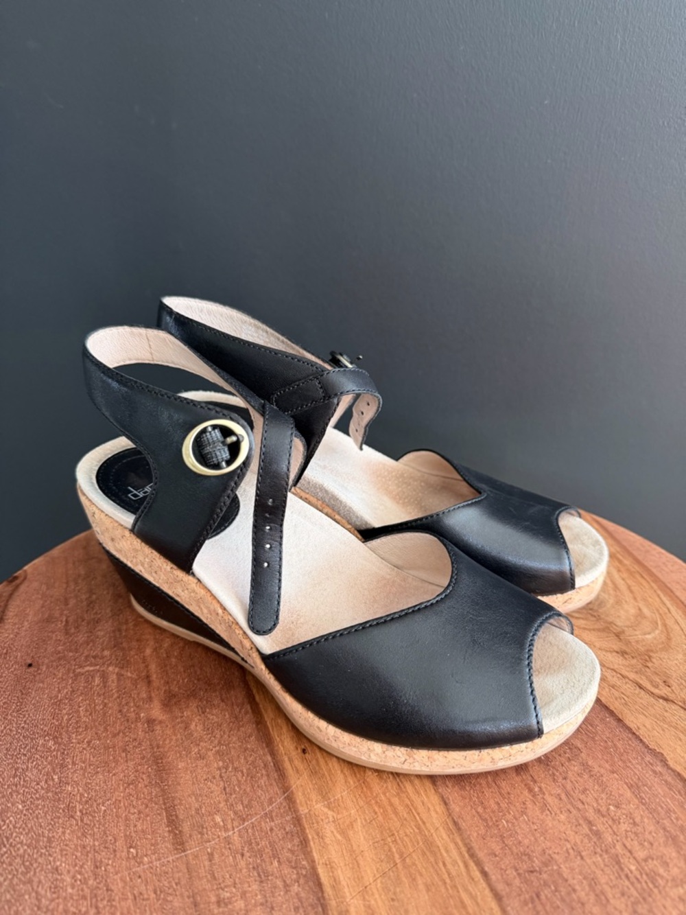 Dansko Black Leather Wedge Sandals with Buckle Strap